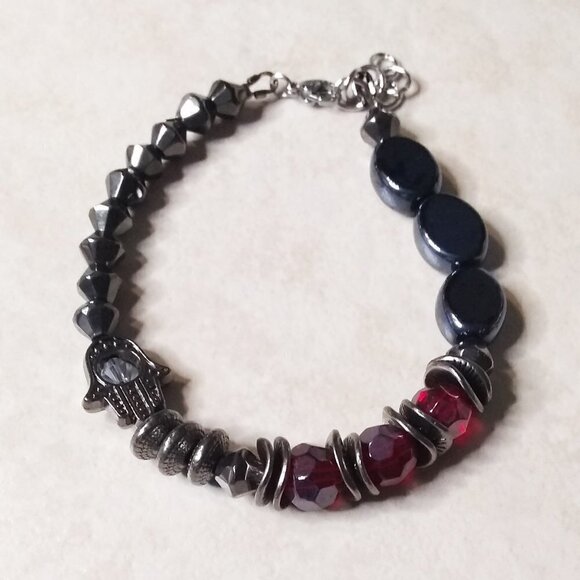 Goth Inspired Blessings Bracelet - Hamsa Hand 4 Protection - Black Gray & Red - Picture 2 of 8